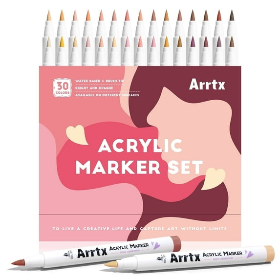 Arrtx Skin Tone Acrylic Markers Set, 1-6 mm Brush Tip Acrylic Paint Pens for Rock Painting, Glass, Wood, 30 Count