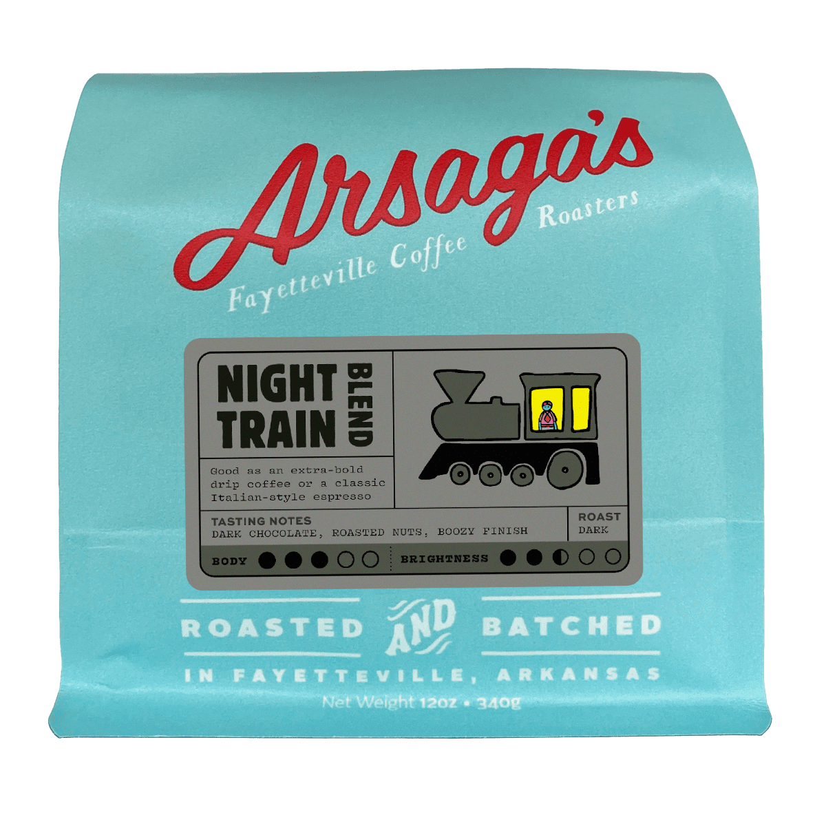 Arsaga's Arsaga's Café Negro Espresso Night Train, Tueste Oscuro, Naturalmente Cafeinado, Granos Enteros, 12 oz, 1 Unidad — product image