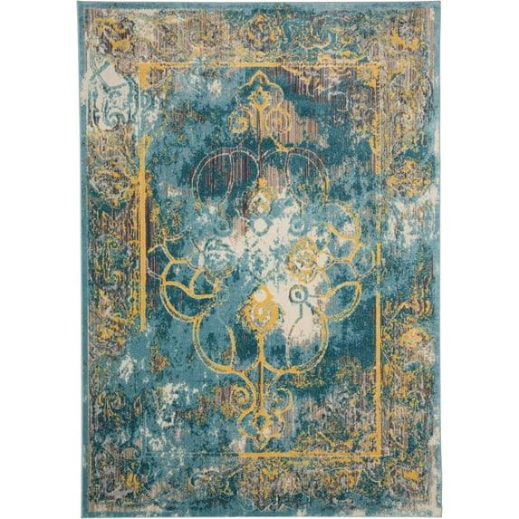 Arsene Distressed Medallion, Capri Blue/Golden, 4ft-3in x 6ft-3in Accent Rug