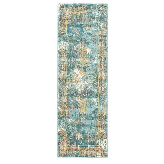 Arsene Distressed Medallion Rug, Capri Blue/Golden, 2ft - 7in x 8ft, Runner
