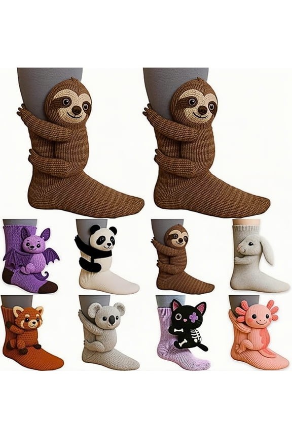 Cozy Sloth 3D Knit Animal Socks, hug hug socks for women men Christmas Gifts, Brown Hugging Design