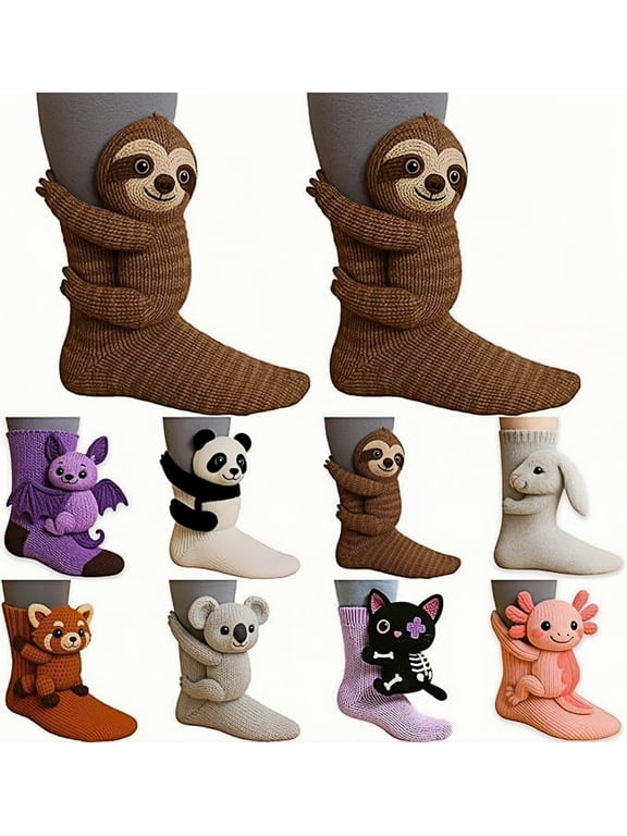 Cozy Sloth 3D Knit Animal Socks, hug hug socks for women men Christmas Gifts, Brown Hugging Design