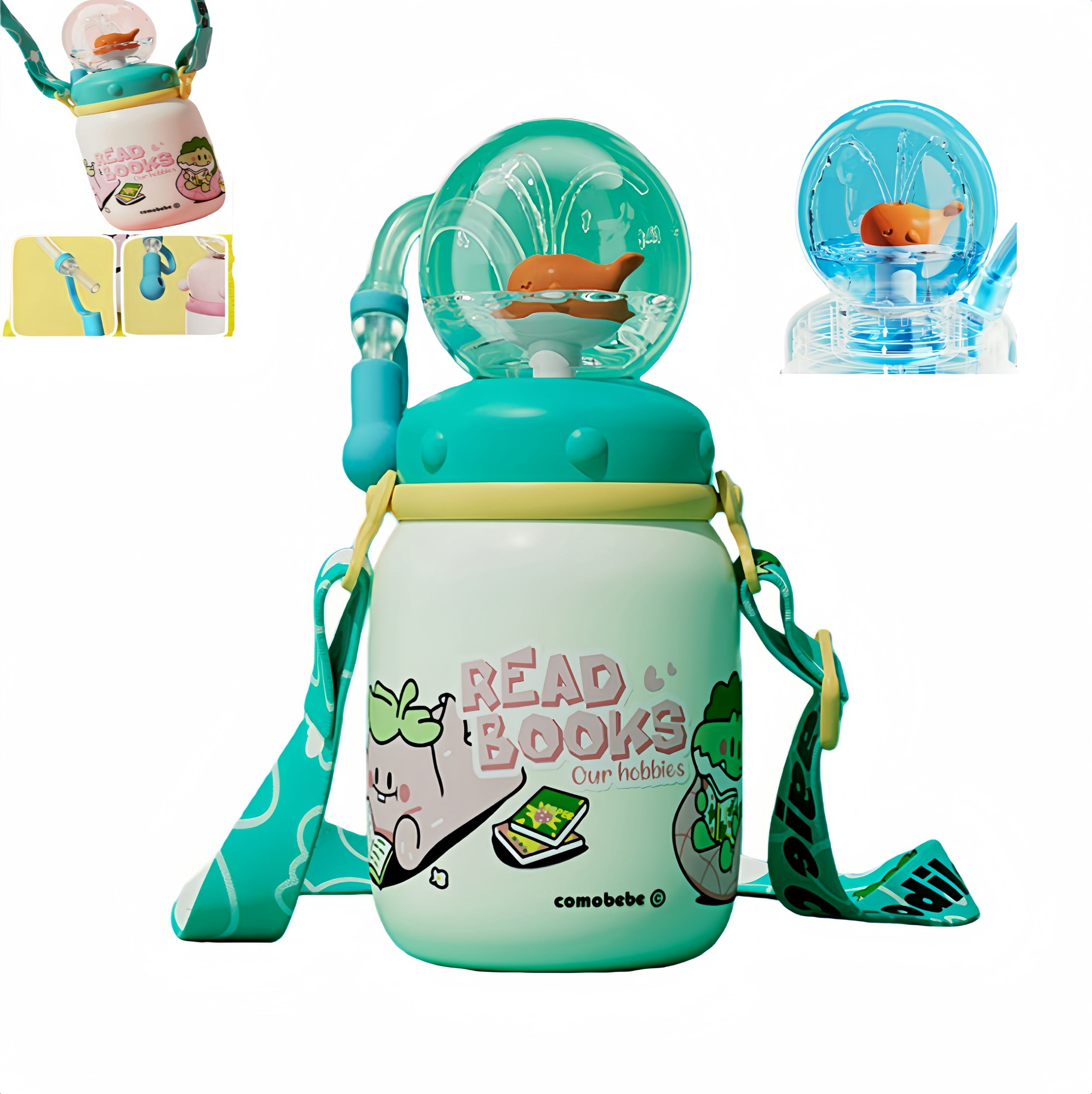 Arsey Water Bottle with Straw Whale Fountain Cute Cartoon Insulated Tumbler, 316L Stainless Steel Hot and Cold Leak-Proof Travel Mug, kids Portable Cup Green