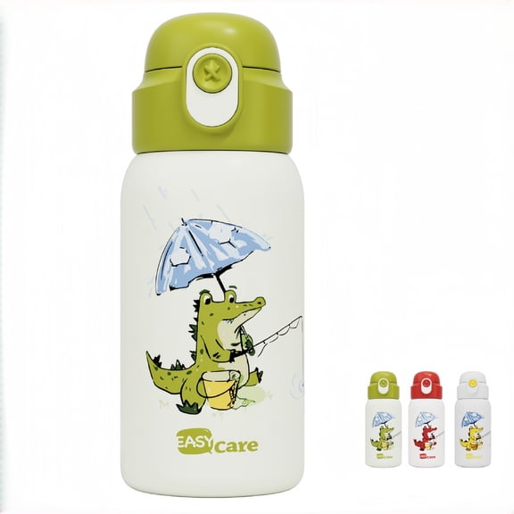 Arsey Water Bottle with Straw Cute Cartoon Insulated Tumbler, 316L Stainless Steel Hot And Cold Leak-Proof Travel Mug, Kids Portable Cup Matcha Green 