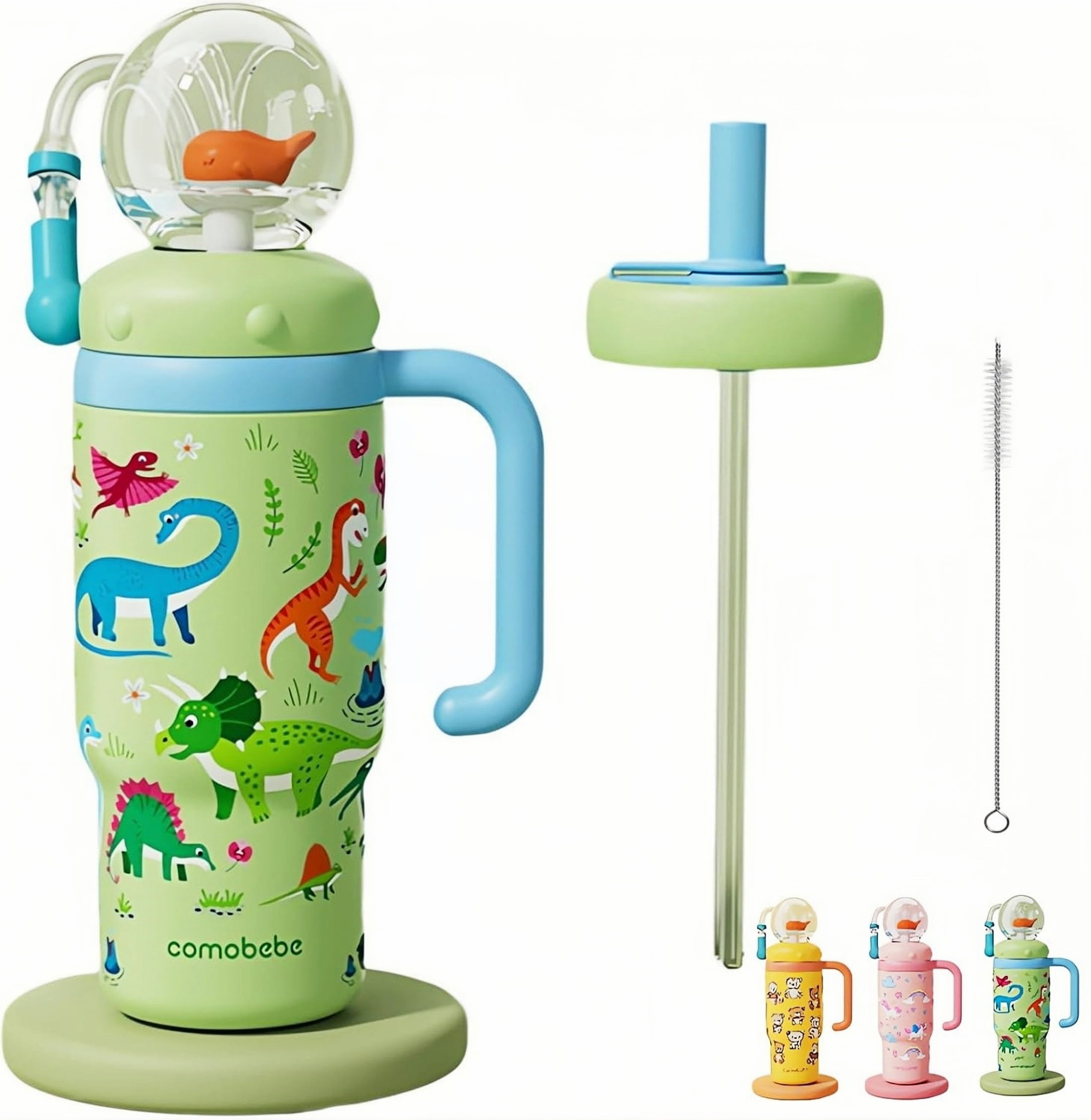 Arsey Whale Fountain Tumbler With Handle Two Lids 24 Oz Water Bottle, Cute Sippy Cup For Kids Teens Adults, Green Dinosaur