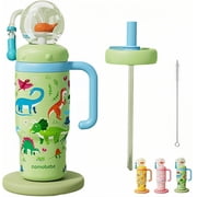 Arsey Whale Fountain Tumbler With Handle Two Lids 24 Oz Water Bottle, Cute Sippy Cup For Kids Teens Adults, Green Dinosaur