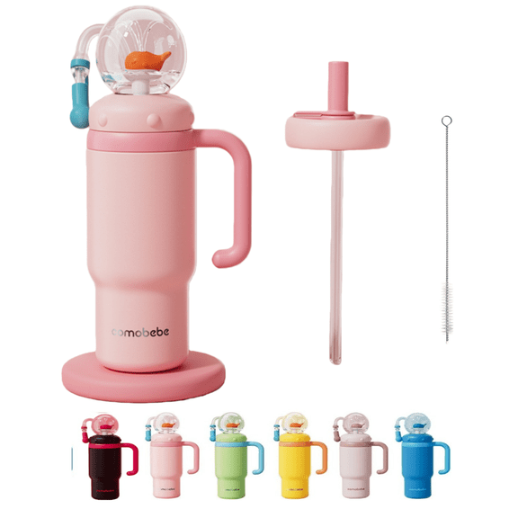 Arsey Whale Fountain Tumbler With Handle Two Lids 24 Oz Water Bottle, Cute Sippy Cup For Kids Teens Adults, Pink