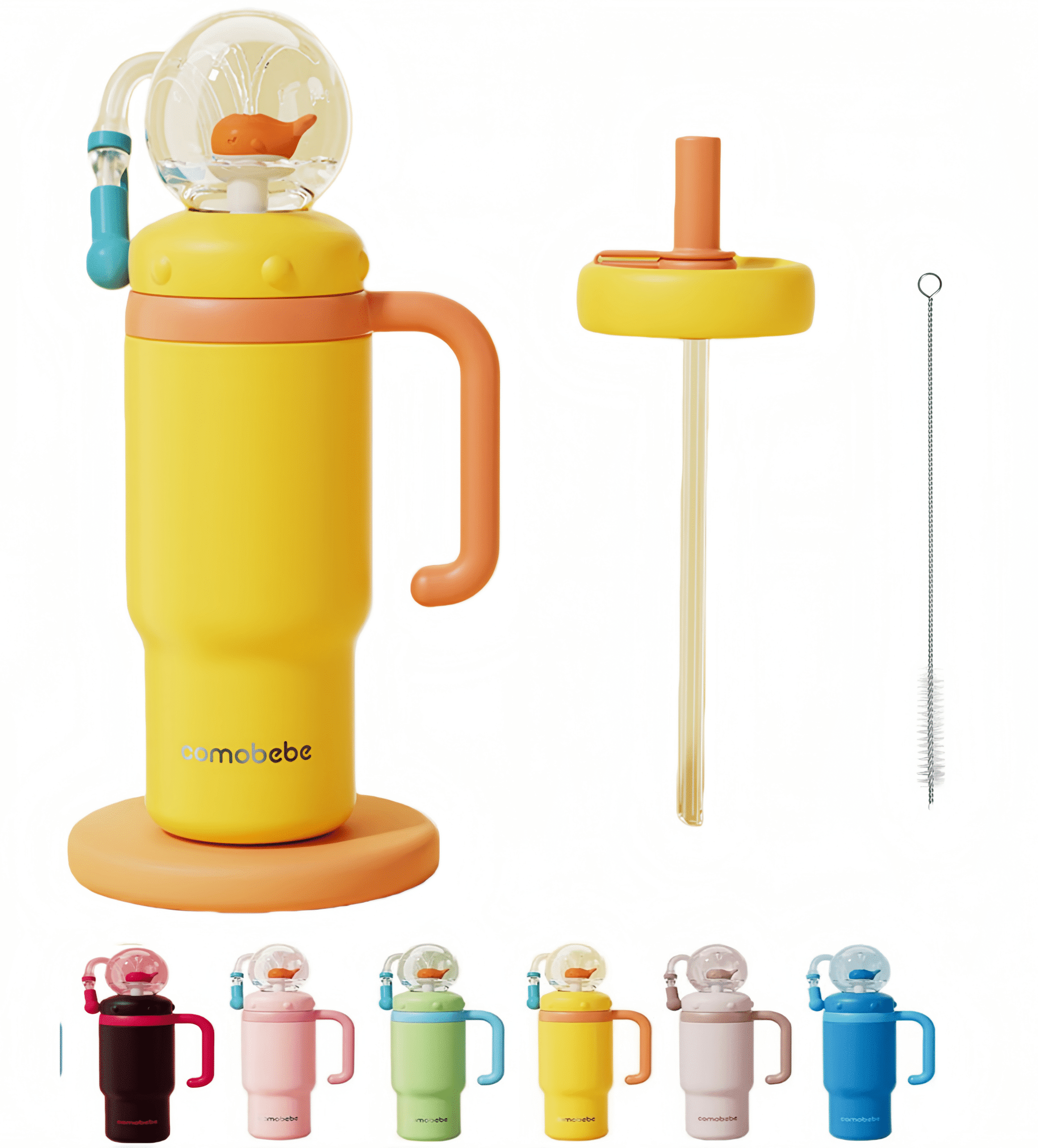 Arsey Whale Fountain Tumbler With Handle Two Lids 24 Oz Water Bottle, Cute Sippy Cup For Kids Teens Adults, Yellow