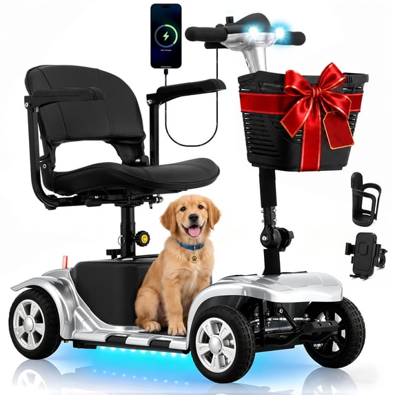 Arshin 4 Wheels Mobility Scooter with USB Port for Seniors,Electric Folding Wheelchair Device for Travel(Silver)