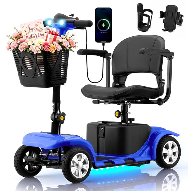 Arshin Upgrade 4 Wheels Mobility Scooter with Removable Battery,Compact Heavy Duty Mobile for Travel,Foldable Powered Wheelchair for Adult,300lbs,Blue