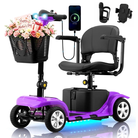 Arshin Upgrade 4 Wheels Mobility Scooter with Removable Battery,Compact Heavy Duty Mobile for Travel,Foldable Powered Wheelchair for Adult,300lbs,Purple