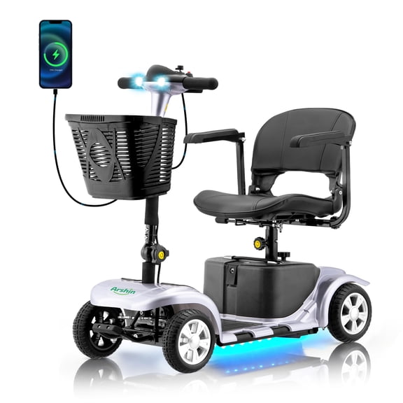 Arshin Upgrade 4 Wheels Mobility Scooter with Removable Battery,Compact Heavy Duty Mobile for Travel,Foldable Powered Wheelchair for Adult,300lbs,Silver