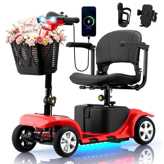 Arshin Upgrade 4 Wheels Mobility Scooter,Compact Heavy Duty Mobile for Travel,Foldable Powered Wheelchair for Adult,300lbs,Red