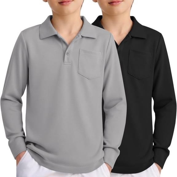 Arshiner 2-Pack Boys Button Pique Polo School Uniform Shirt with Long Sleeves for Boys and Girls, Loose Fit, Collared Neck, Boys' Polo Shirts with Pocket