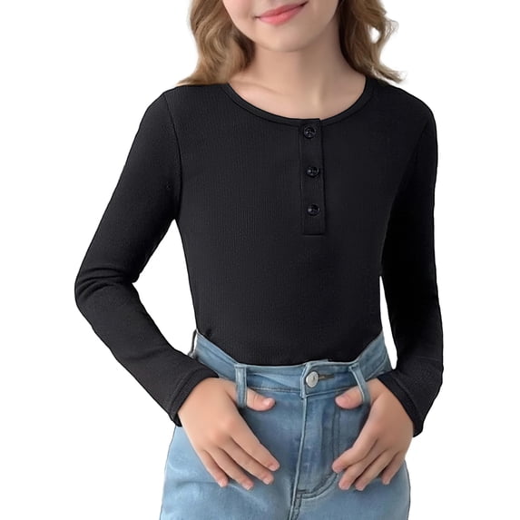 Arshiner 2 Pack Girls Long Sleeve Henley T Shirts Button Down Slim Fit Tops Round Neck Ribbed Knit Shirts