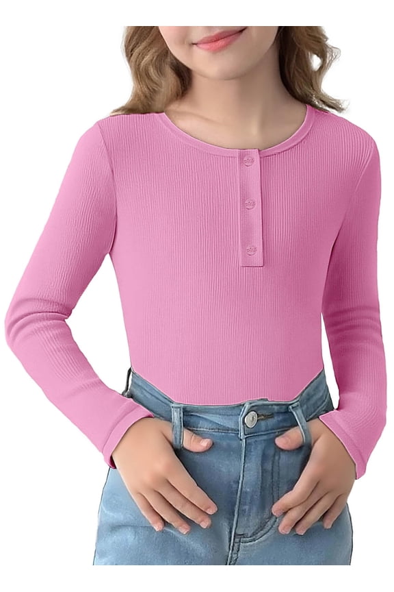 2 Pack Girls Long Sleeve Henley T Shirts Button Down Slim Fit Tops Round Neck Ribbed Knit Shirts