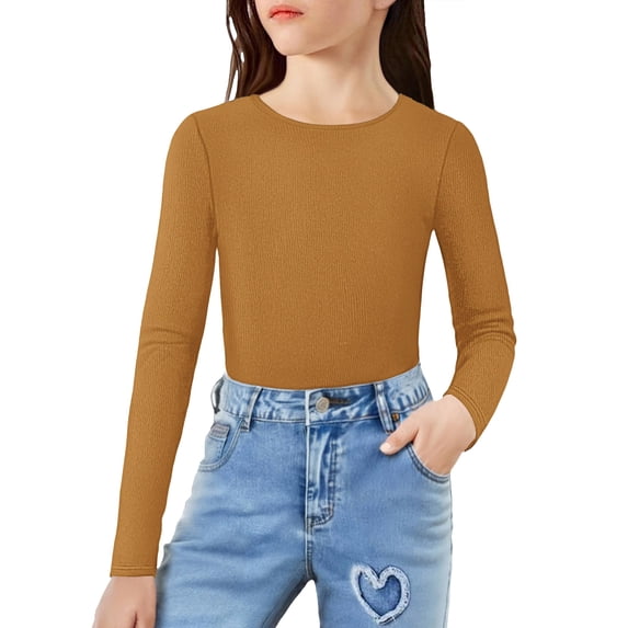 Arshiner 2 Packs Ribbed Knit Long Sleeve Shirts for Girls Soft Slim Fit Crewneck Casual Base Layer Tops Tees