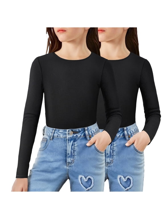 2 Packs Ribbed Knit Long Sleeve Shirts for Girls Soft Slim Fit Crewneck Casual Base Layer Tops Tees