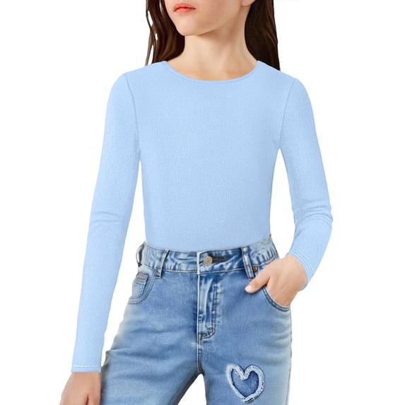 Arshiner 2 Packs Ribbed Knit Long Sleeve Shirts for Girls Soft Slim Fit Crewneck Casual Base Layer Tops Tees
