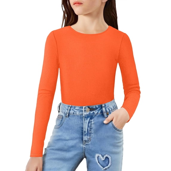 Arshiner 2 Packs Ribbed Knit Long Sleeve Shirts for Girls Soft Slim Fit Crewneck Casual Base Layer Tops Tees