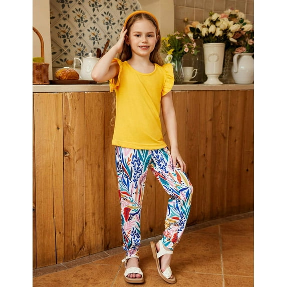 Arshiner 2 Piece Girl Clothes Outfits Spring Summer Ruffle Trim Tank Top Shirts and Pant Set with Pockets