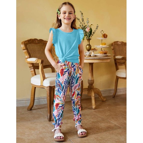 Arshiner 2 Piece Girl Summer Outfits Spring Summer Ruffle Trim Tank Top Shirts and Pant Set with Pockets