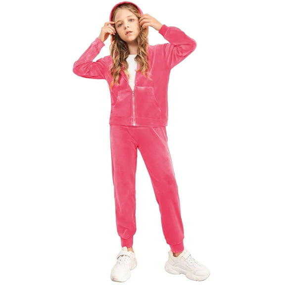 Arshiner 2 Piece Outfits for Girls Velour Tracksuit Hoodie and Jogger Set Sweatsuit Athletic Clothes Sets