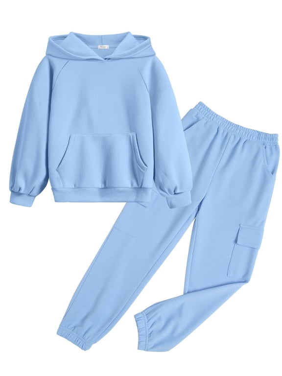 2 Pieces Girls Casual Outfits Athletic Hoodie Sweatsuits Pant Set with Pockets