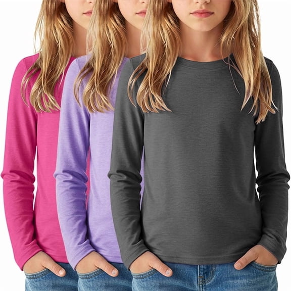 Arshiner 3 Pack Girls Long Sleeve Shirts Kids Basic Tees Layering Clothes Tagless | Cozy, Breathable & Soft, 7-16Y, Reinforced Rib-knit Neck Cuffs Hem, Perfect for School Daily Wear
