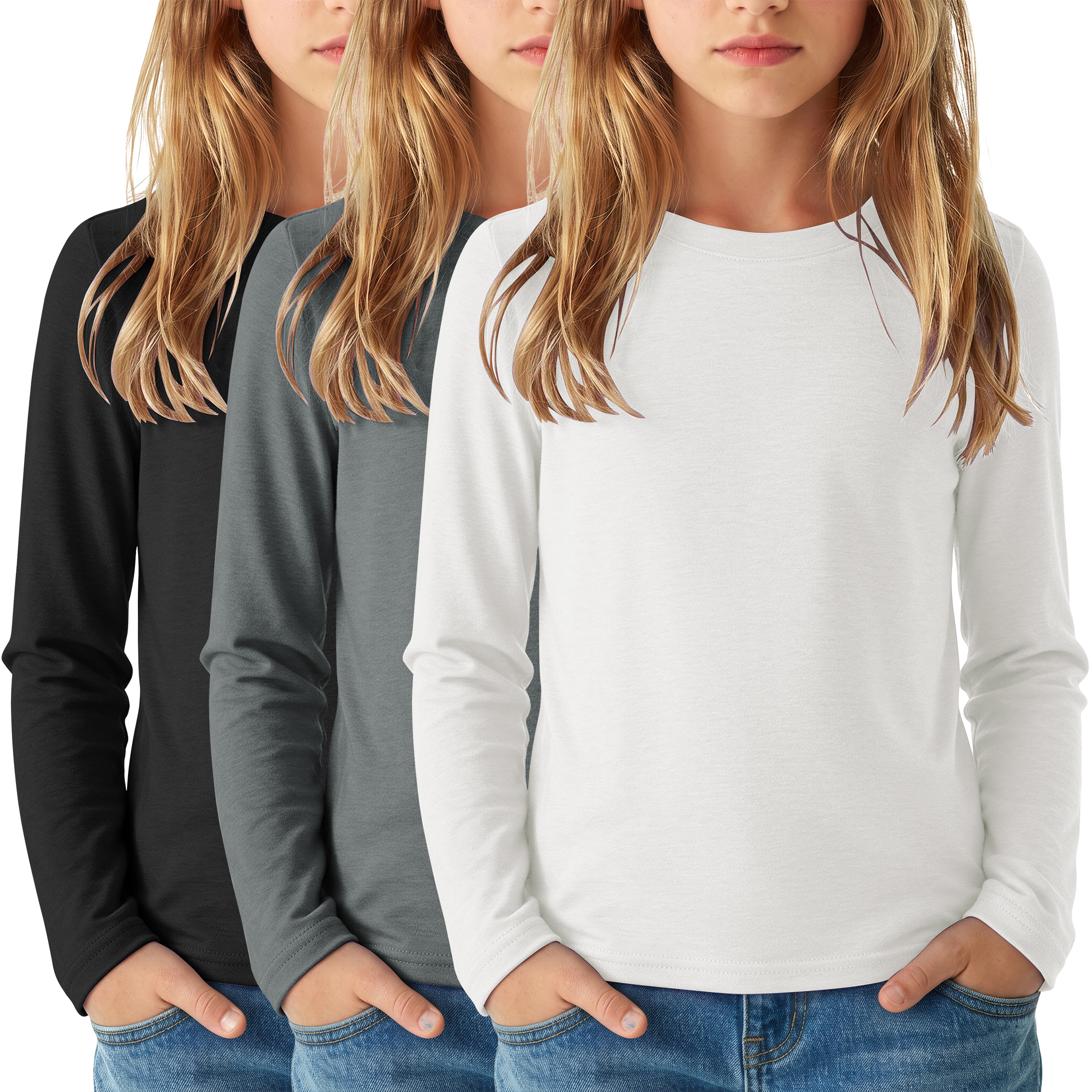 Arshiner 3 Pack Girls Long Sleeve Shirts Kids Basic Tees Layering Clothes Tagless | Cozy, Breathable & Soft, 7-16Y, Reinforced Rib-knit Neck Cuffs Hem, Perfect for School Daily Wear