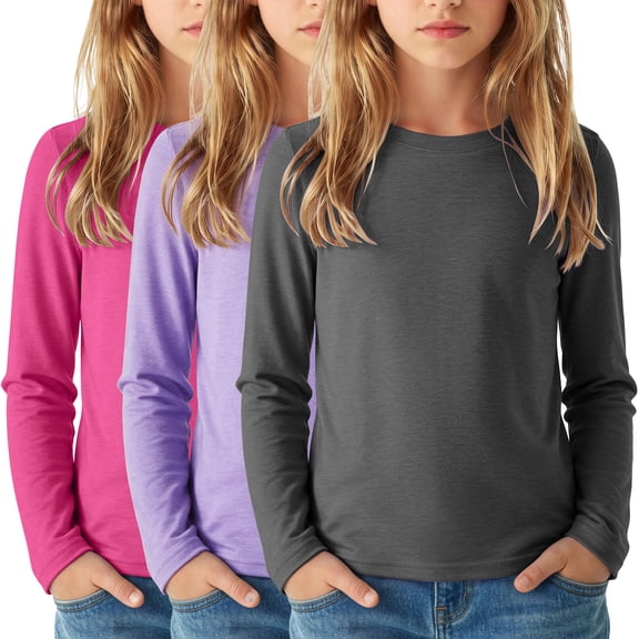 Arshiner 3 Pack Girls Long Sleeve Shirts Kids Basic Tees Layering Clothes Tagless | Cozy, Breathable & Soft, 7-16Y, Reinforced Rib-knit Neck Cuffs Hem, Perfect for School Daily Wear