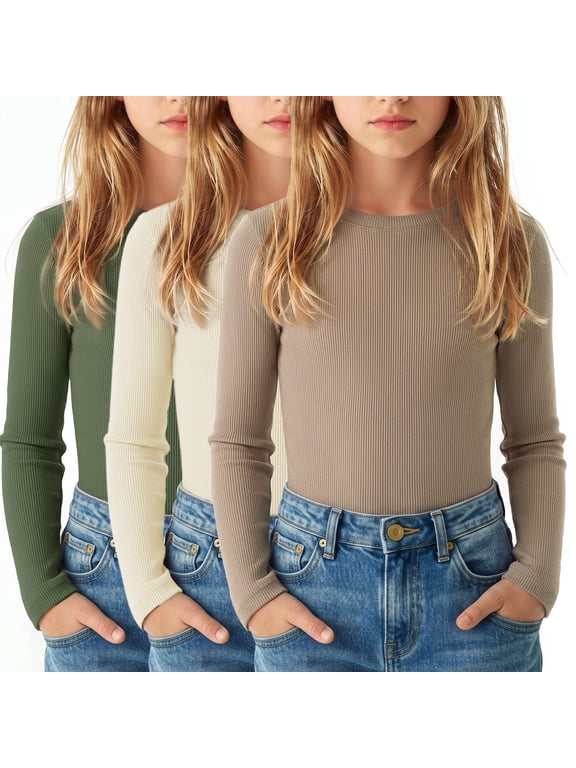 3 Pack Girls Long Sleeve Shirts Ribbed Knit Base Layer Top, Casual Fashion Slim Fit Tshirts for Girls Soft Stretch Tee Fall Winter Crewneck Undershirt for School Outdoor Daily Wear 7-16Y