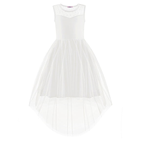 Arshiner Girls Chic Dresses Formal Sleeveless Contrast Mesh High Low Dress with Belt Party Wedding
