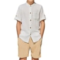 thumbnail image 1 of Arshiner Boy's 2 Piece Beach Outfit Short Sleeve Textured Button Down Shirt and Short Sets Summer Vacation Wear, 1 of 6