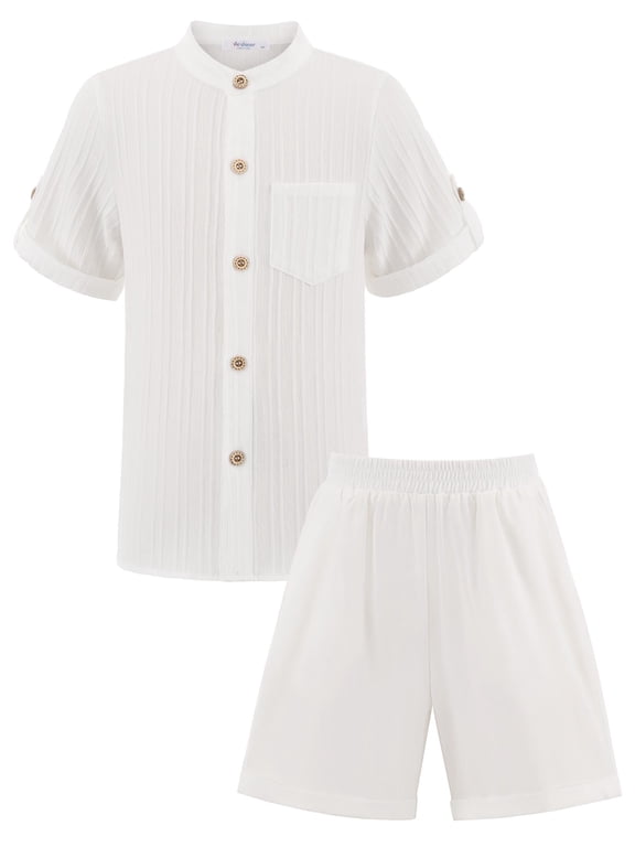 Boy's 2 Piece Beach Outfit Short Sleeve Textured Button Down Shirt and Short Sets Summer Vacation Wear