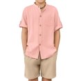 thumbnail image 1 of Arshiner Boy's 2 Piece Beach Outfit Short Sleeve Textured Button Down Shirt and Short Sets Summer Vacation Wear, 1 of 8