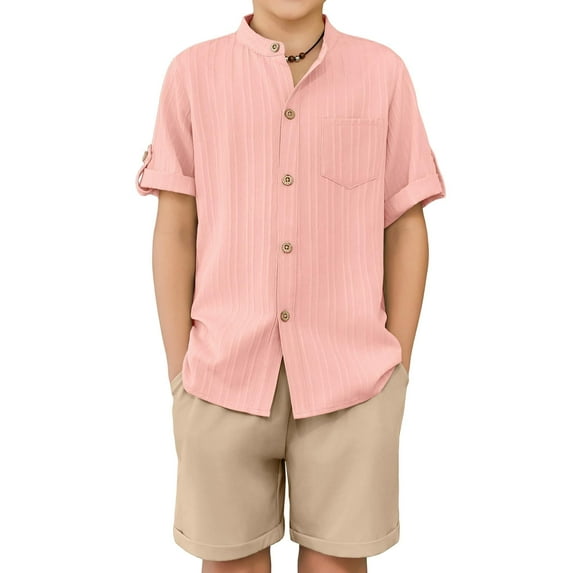 Arshiner Boy's 2 Piece Beach Outfit Short Sleeve Textured Button Down Shirt and Short Sets Summer Vacation Wear