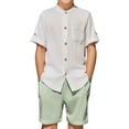 thumbnail image 1 of Arshiner Boy's 2 Piece Beach Outfit Short Sleeve Textured Button Down Shirt and Short Sets Summer Vacation Wear, 1 of 8