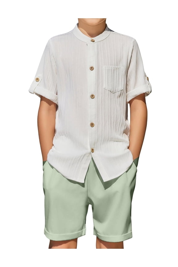 Boy's 2 Piece Beach Outfit Short Sleeve Textured Button Down Shirt and Short Sets Summer Vacation Wear