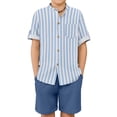 thumbnail image 1 of Arshiner Boys 2 Pieces Set Casual Short Sleeve Blue Stripe Shirt and Navy Shorts Summer Matching Outfits 9-10 Years, 1 of 8