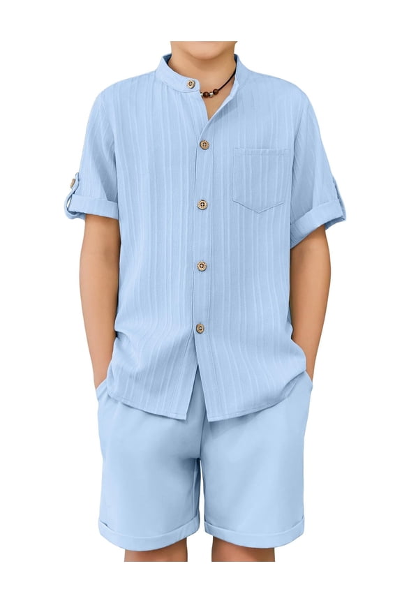 Boy's 2 Piece Beach Outfit Short Sleeve Textured Button Down Shirt and Short Sets Summer Vacation Wear