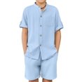 thumbnail image 1 of Arshiner Boys 2 Pieces Set Short Sleeve Blue Shirts and Shorts Texture Summer Beach Vacation Outfits 9-10 Years, 1 of 8