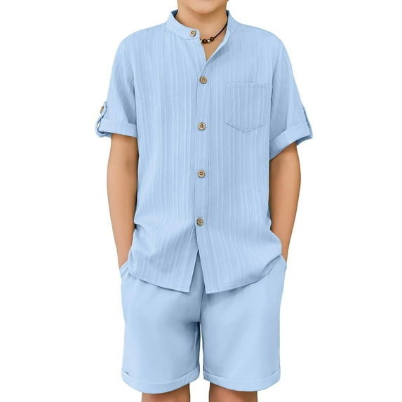 Arshiner Boys 2 Pieces Set Short Sleeve Blue Shirts and Shorts Texture Summer Beach Vacation Outfits 9-10 Years