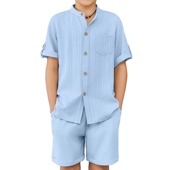 Arshiner Boys 2 Pieces Set Short Sleeve Blue Shirts and Shorts Texture Summer Beach Vacation Outfits 9-10 Years