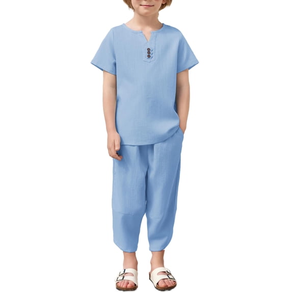 Arshiner Boy's 2 Pieces Clothes Set Henley Shirt Short Sleeve and Pants Wide Leg Baggy Summer Casual Outfits