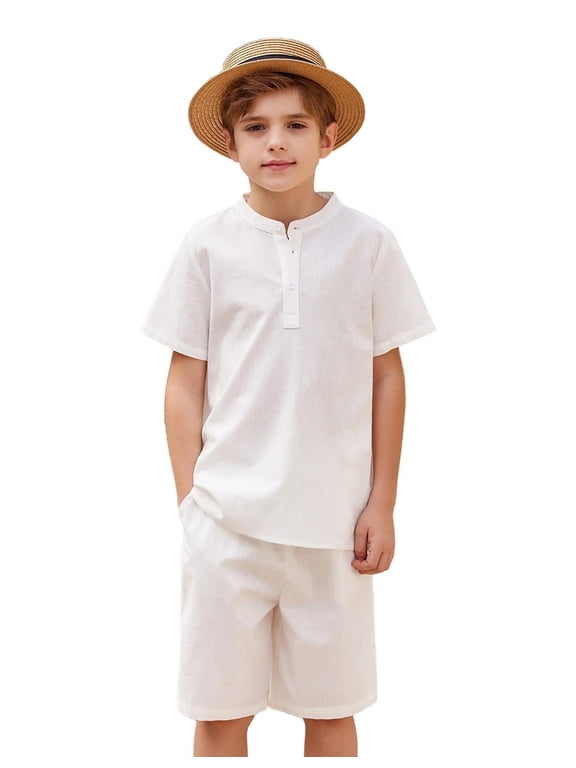 Boy's 2 Pieces Summer Shorts Outfits Linen Set Casual Henley Shirts Short Sleeve Top and Short
