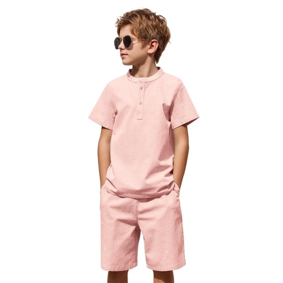 Arshiner Boy's 2 Pieces Summer Shorts Outfits Linen Set Casual Henley Shirts Short Sleeve Top and Short