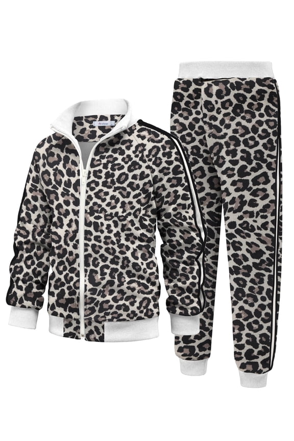 Boy's 2 Pieces Full Zip Tracksuits Leopard Print Sport Suits Casual Outfits Jacket & Pants Tracksuit Set