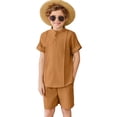 thumbnail image 1 of Arshiner Boy's 2 Pieces Linen Sets Short Sleeve Henley Shirt and Shorts Summer Beach Matching Outfits, 1 of 7