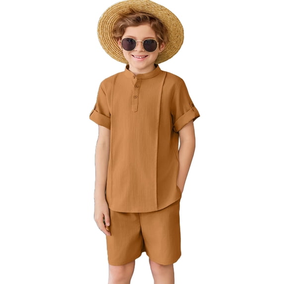 Arshiner Boy's 2 Pieces Linen Sets Short Sleeve Henley Shirt and Shorts Summer Beach Matching Outfits